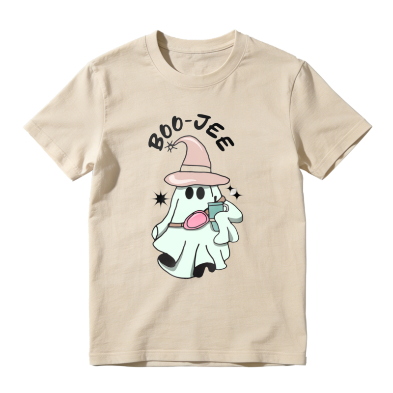 Cute Ghost Wearing Witch Hat Holding Phone Boo Jee Text Cartoon Halloween Graphic T-shirt