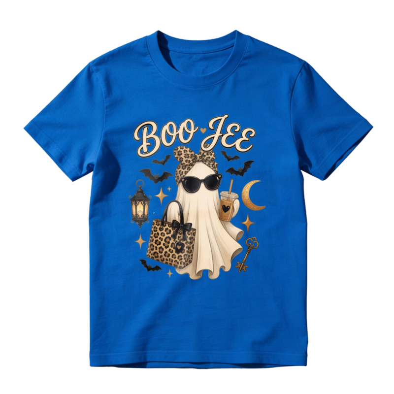 Boo Jee Leopard Print Ghost With Sunglasses And Iced Coffee Halloween Graphic T-shirt