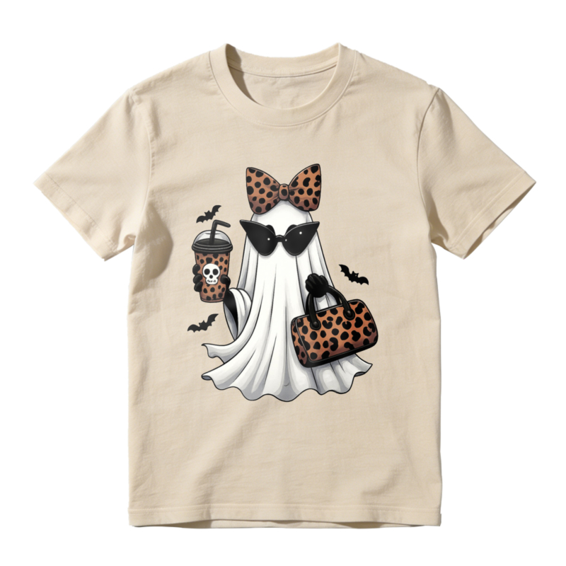 Leopard Print Ghost With Sunglasses Bow And Coffee Cup Halloween T-shirt