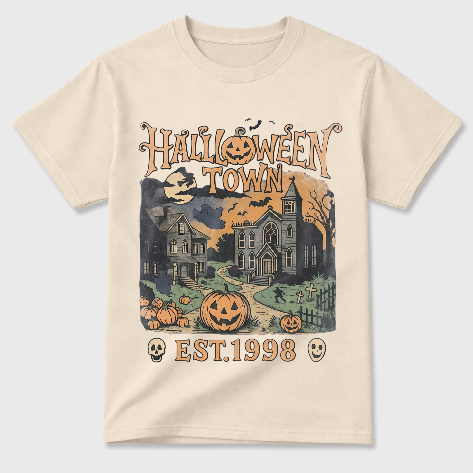 Vintage Halloween Haunted Town T Shirt Pumpkin Skull Ghost Bat Graphic Tee