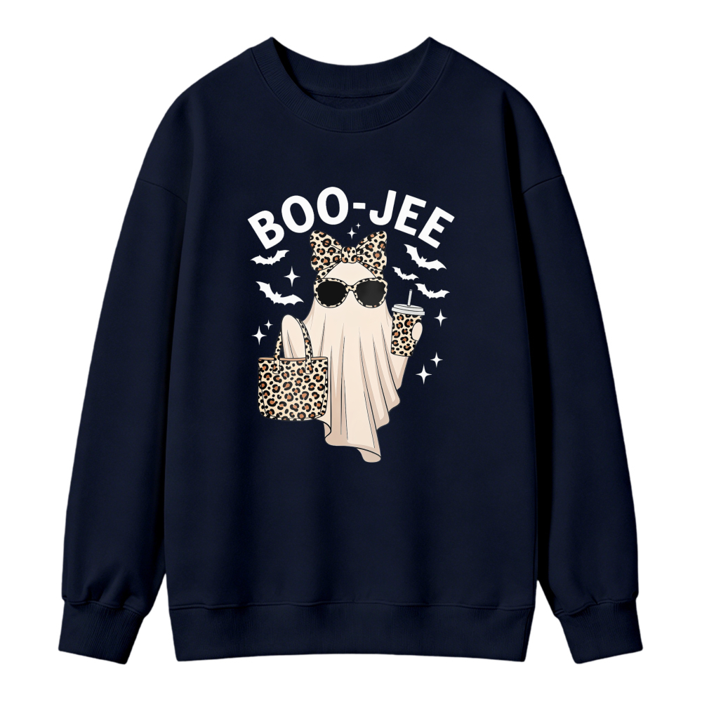 Boo Jee Funny Ghost With Leopard Print Bow Sunglasses And Coffee Cup Halloween Sweatshirt
