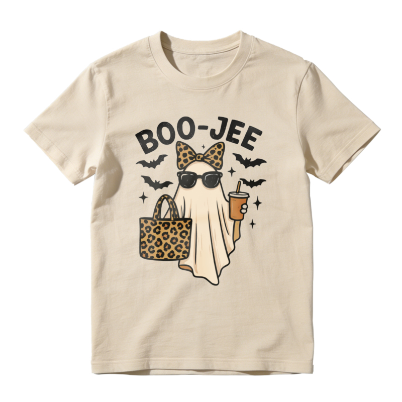 Boo Jee Leopard Print Ghost With Sunglasses And Coffee Cup Halloween Funny T-shirt