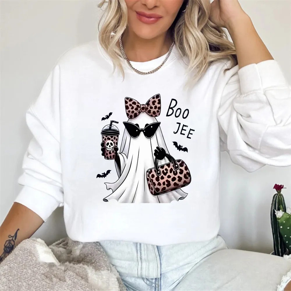 Cute Ghost With Leopard Bow Sunglasses And Coffee Cup Boo Jee Halloween Graphic Sweatshirt