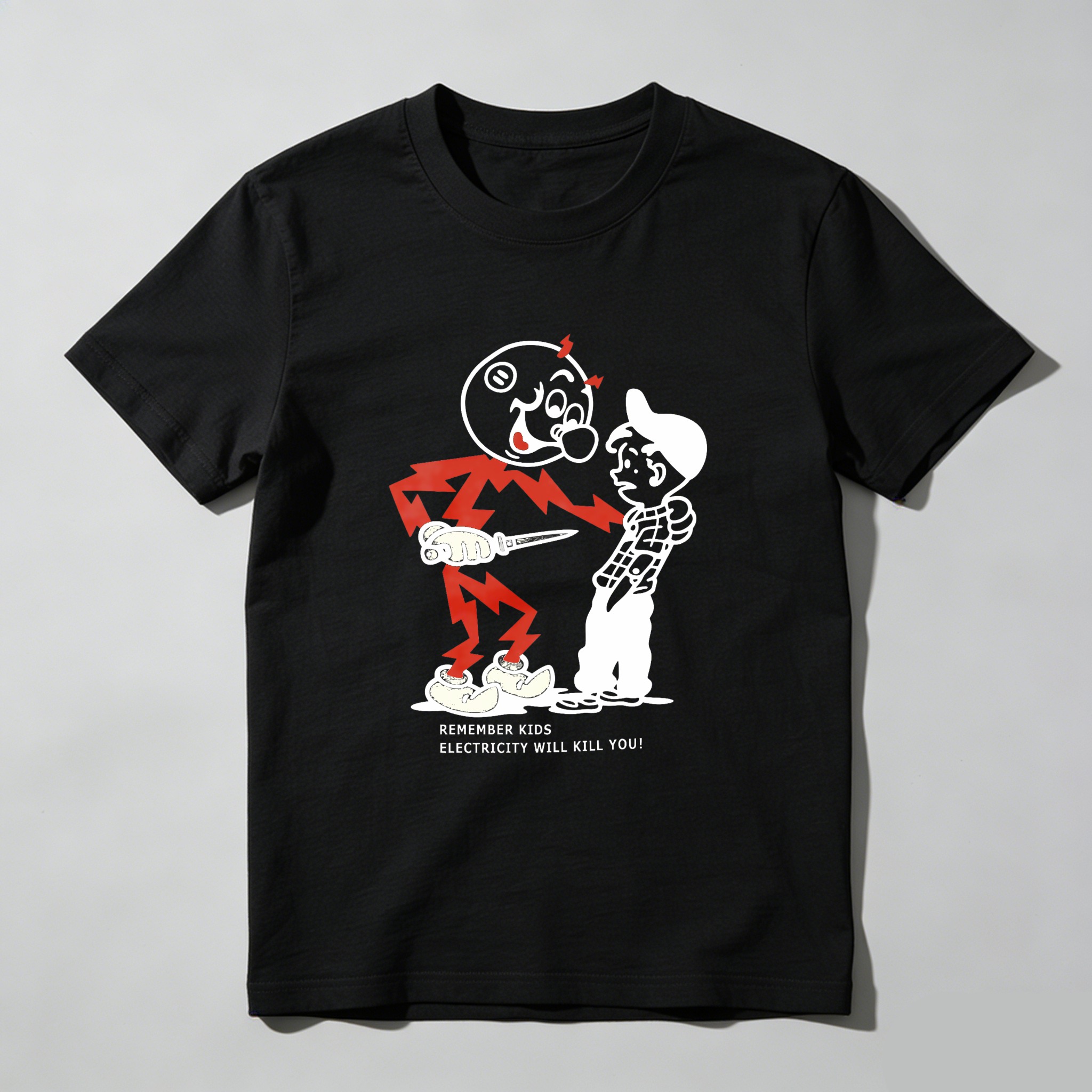 Electricity Warning Cartoon Character Design tshirt 100% cotton