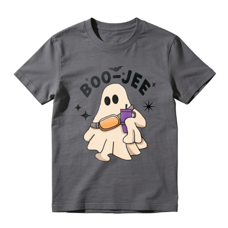 Cute Ghost Holding Purple And Orange Item Boo Jee Text With Bat And Stars Halloween Theme T-shirt
