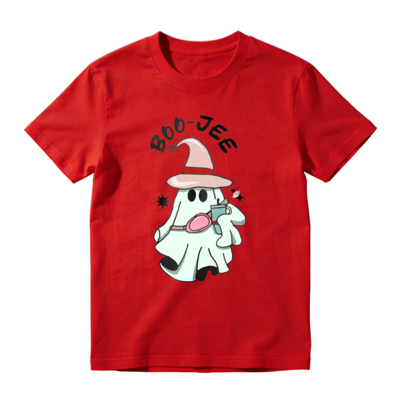 Cute Ghost Wearing Witch Hat Holding Phone Boo Jee Text Cartoon Halloween Graphic T-shirt
