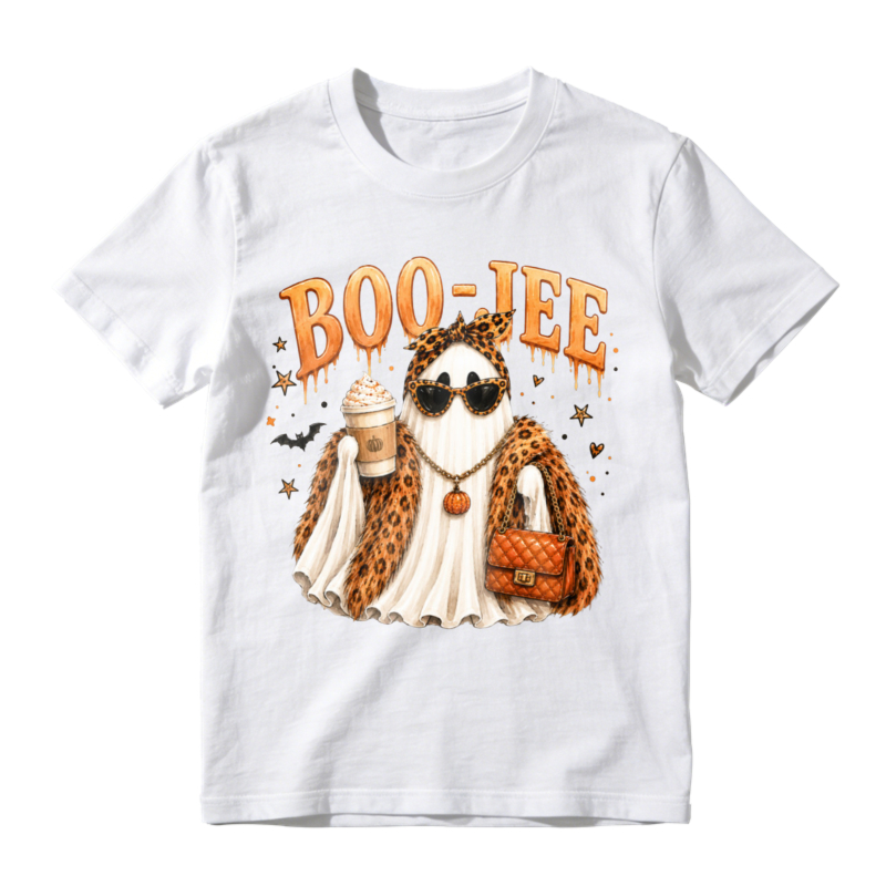 Boo Jee Leopard Print Ghost With Sunglasses Coffee And Handbag Halloween T-shirt