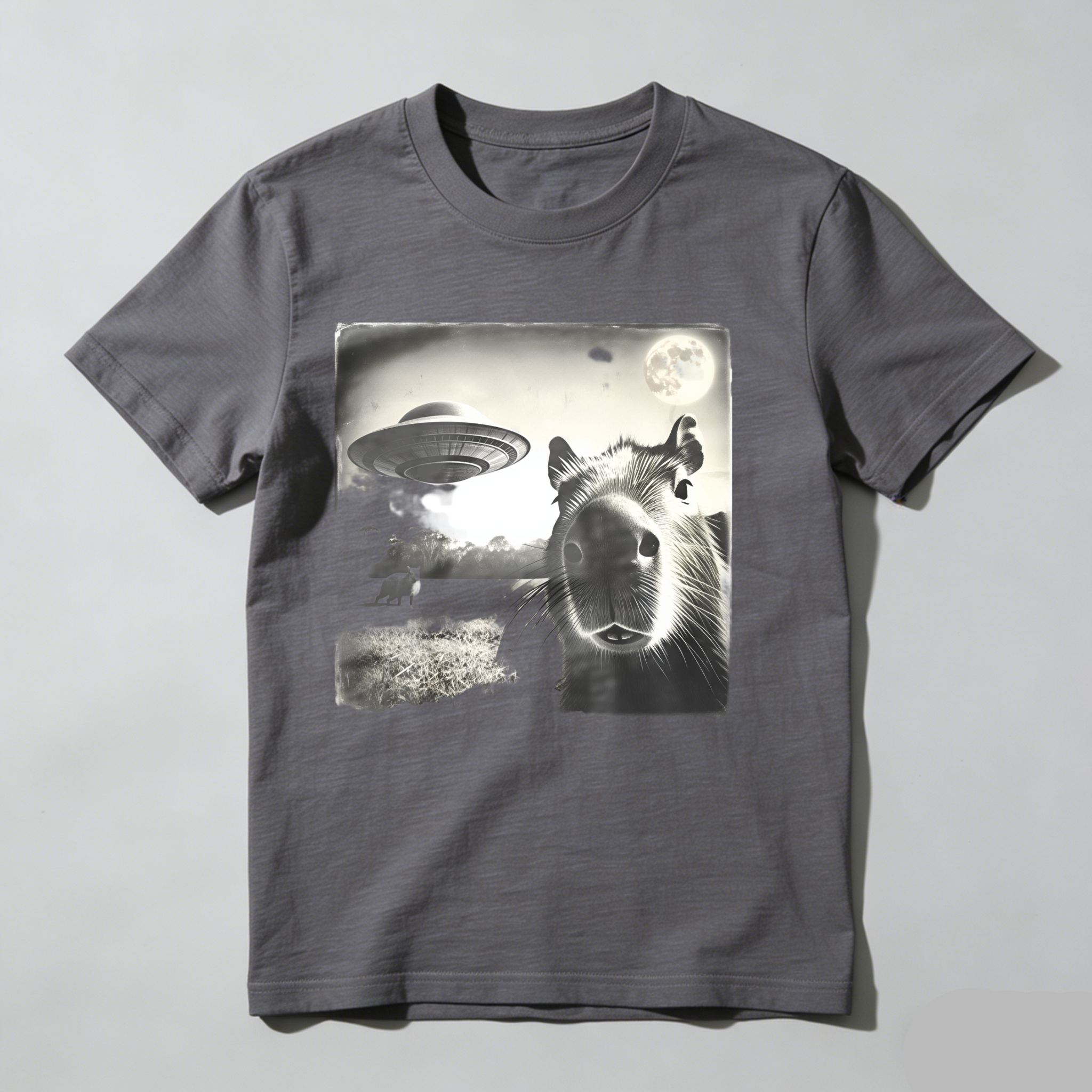 Capybara Ufo Moon Landscape Night Scene tshirt 100% cotton