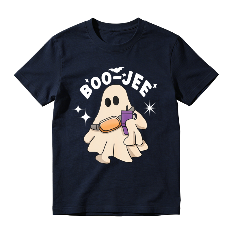 Cute Ghost Holding Purple And Orange Item Boo Jee Text With Bat And Stars Halloween Theme T-shirt