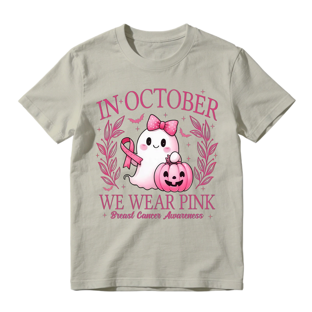 In October We Wear Pink Shirt, Retro Breast Cancer Awareness Shirt, Halloween Pink Ghost , Breast Cancer Halloween Unisex