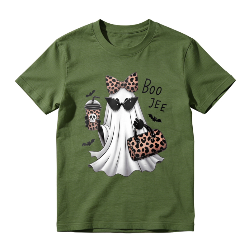 Leopard Print Ghost With Sunglasses Bow Tie Coffee Cup And Handbag Halloween Boo Tee T-shirt