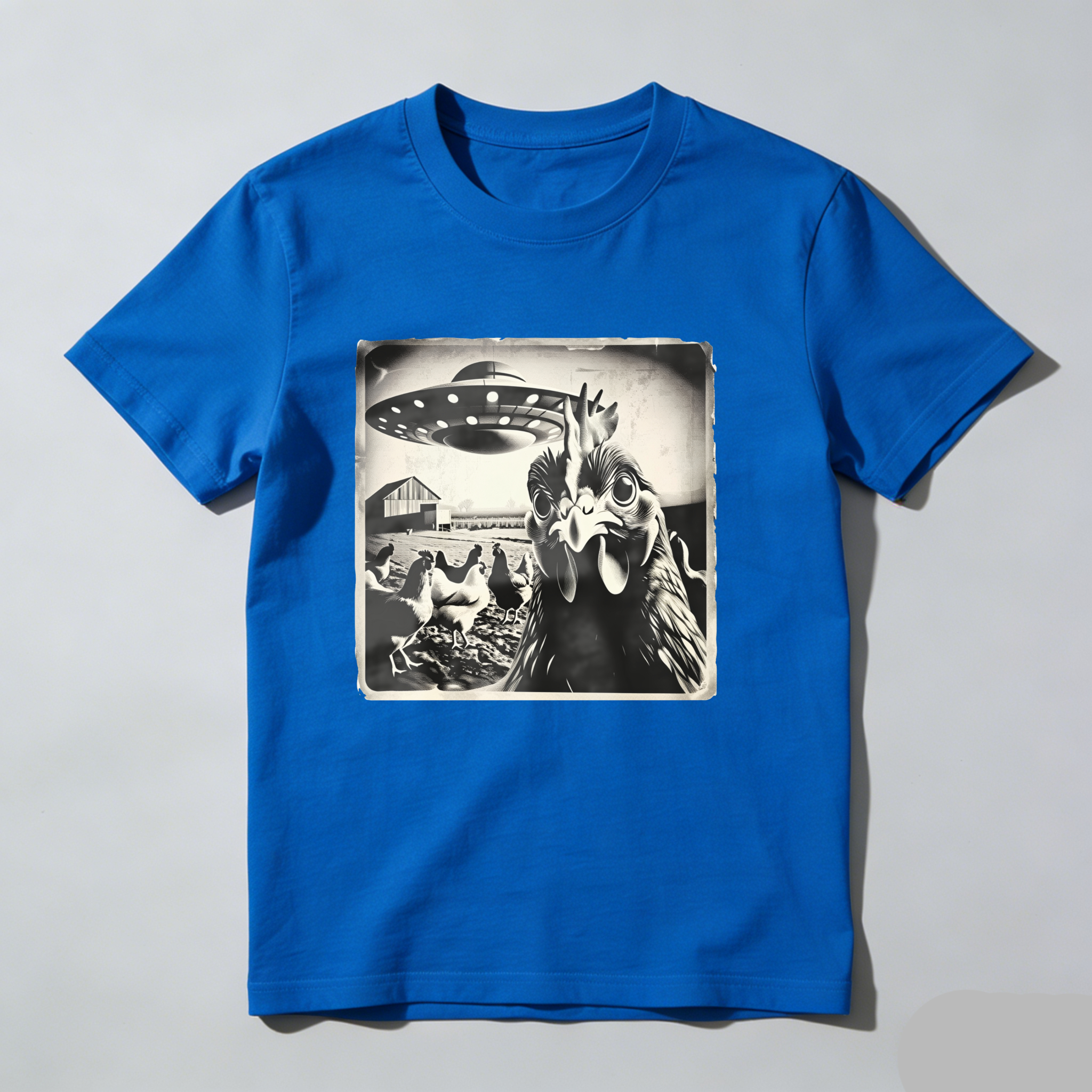 Chicken Abducted By Ufo Farm Scene tshirt 100% cotton