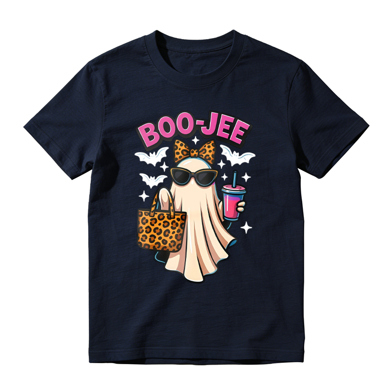 Boo Jee Funny Ghost With Leopard Print Bow Sunglasses And Drink Halloween T-shirt