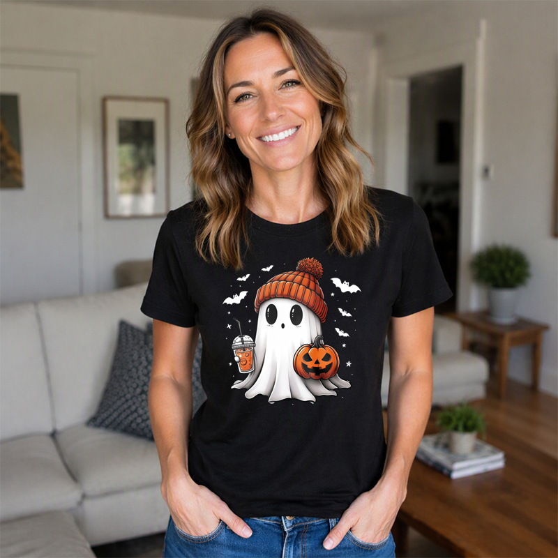 Cute Ghost Wearing Orange Beanie Holding Pumpkin And Drink Halloween T-shirt