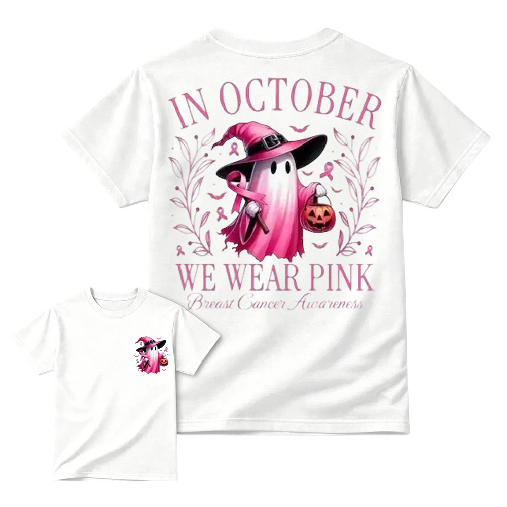 In October We Wear Pink Ghost Graphic T‑Shirt, Breast Cancer Awareness Tee