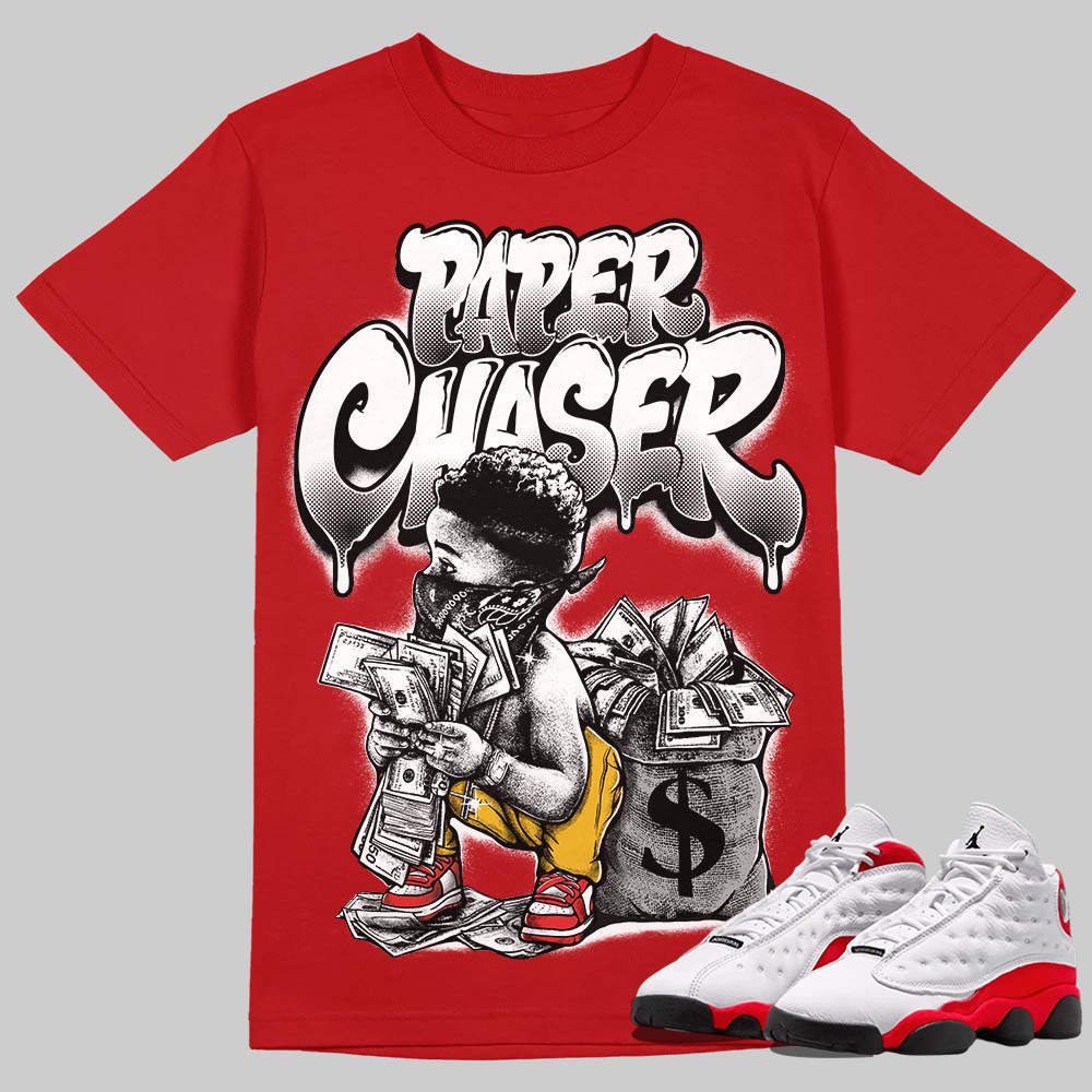 AJ 13 Chicago True Red Cherry T-Shirt Paper Chaser Boy Graphic