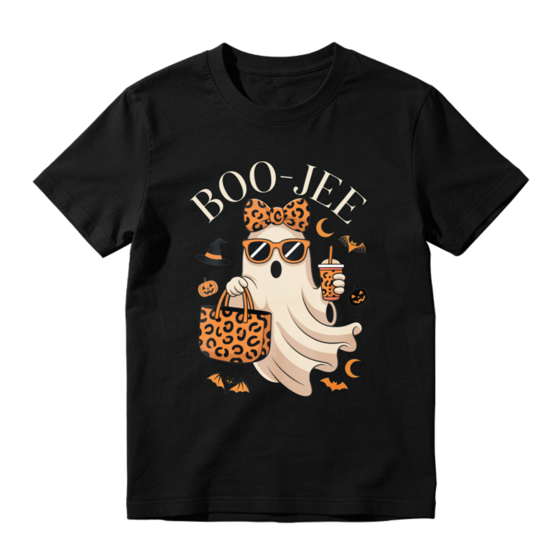 Boo Jee Leopard Print Ghost With Sunglasses And Drink Halloween Funny T-shirt