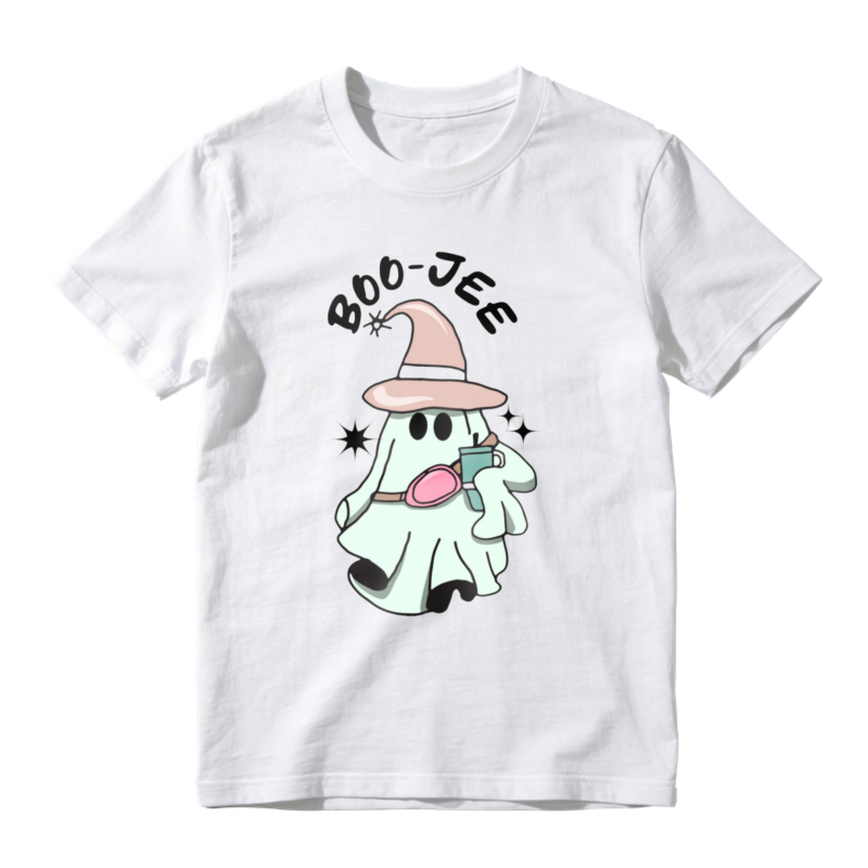 Cute Ghost Wearing Witch Hat Holding Phone Boo Jee Text Cartoon Halloween Graphic T-shirt