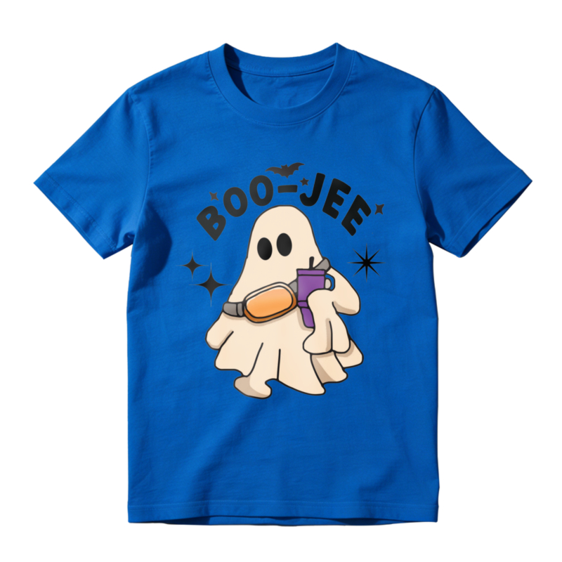Cute Ghost Holding Purple And Orange Item Boo Jee Text With Bat And Stars Halloween Theme T-shirt