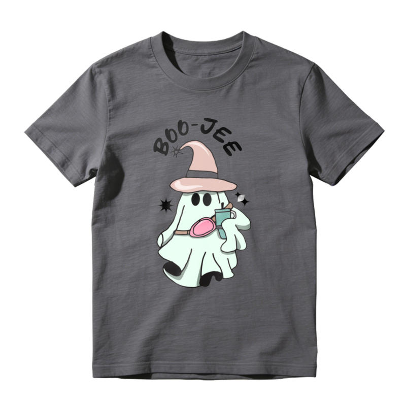 Cute Ghost Wearing Witch Hat Holding Phone Boo Jee Text Cartoon Halloween Graphic T-shirt