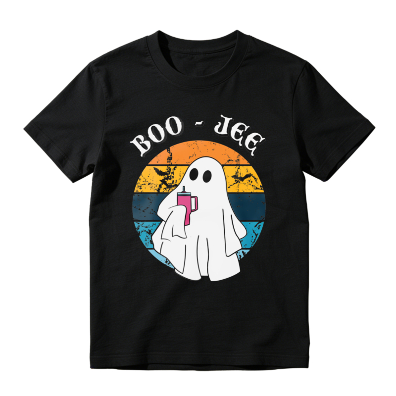 Boo Jee Ghost Holding Pink Cup Vintage Sunset Halloween T-shirt