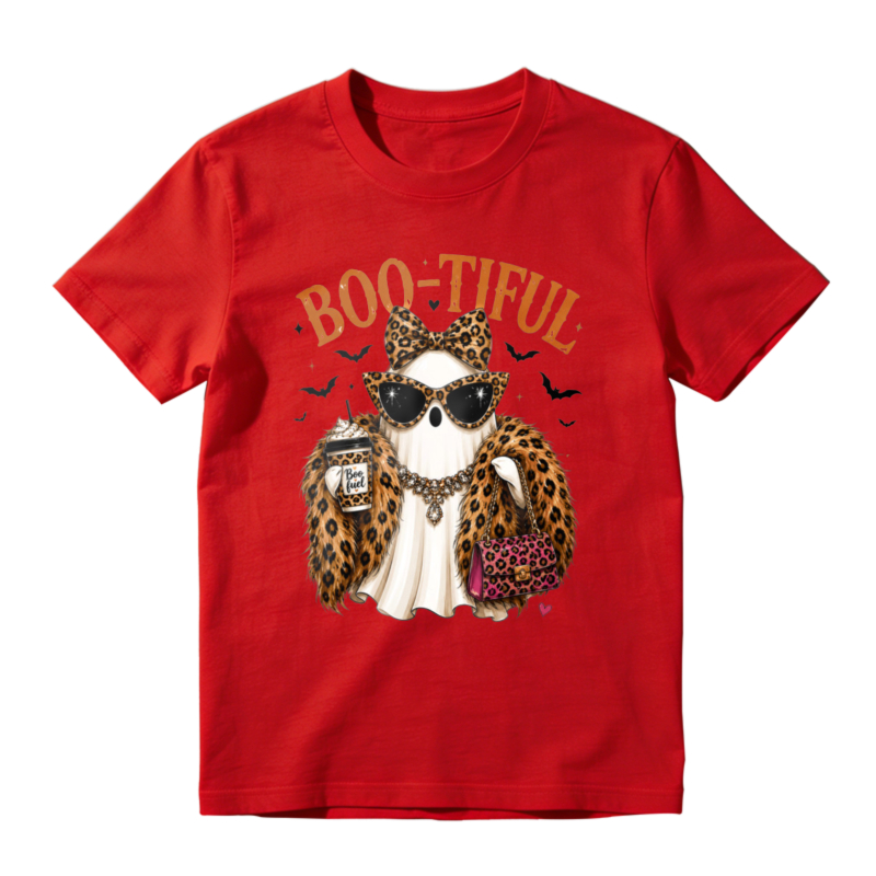 Boo Tiful Leopard Print Ghost With Sunglasses And Coffee Cup Halloween Graphic T-shirt