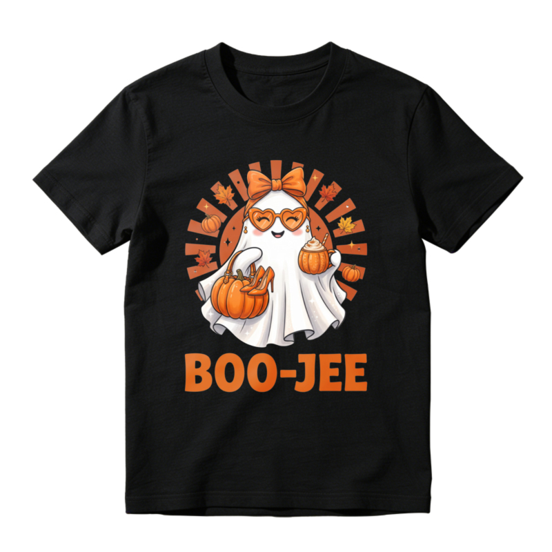 Cute Ghost Holding Pumpkin Boo Jee Halloween Funny Graphic T-shirt