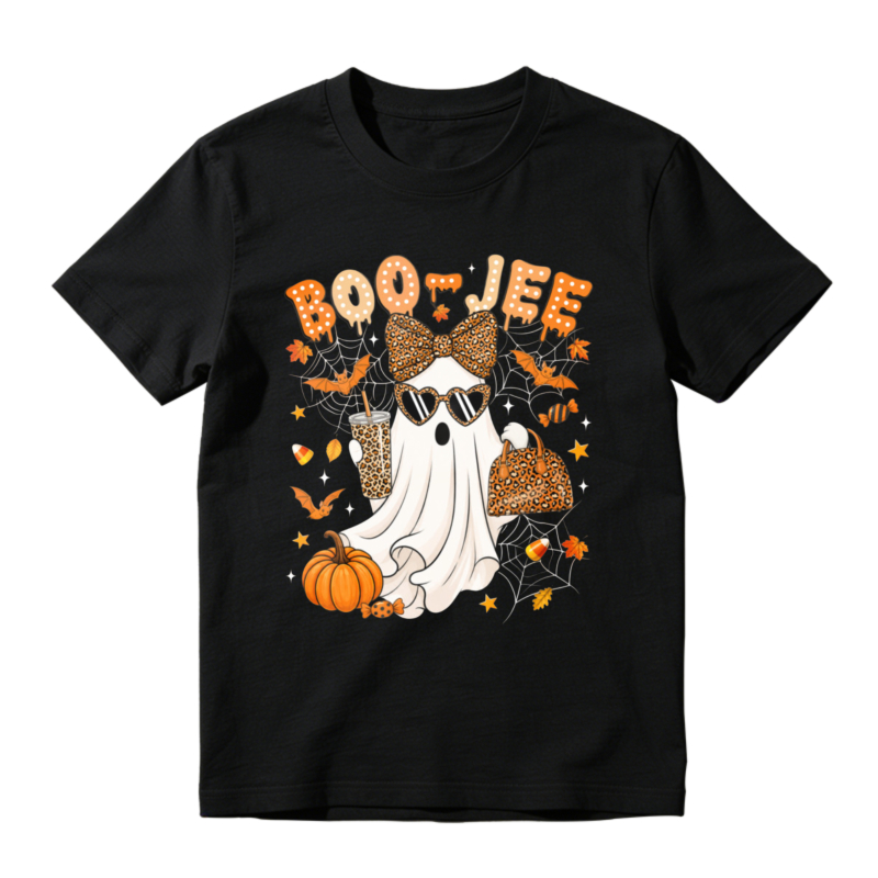 Boo Jee Leopard Print Ghost With Sunglasses And Pumpkin Halloween Graphic T-shirt