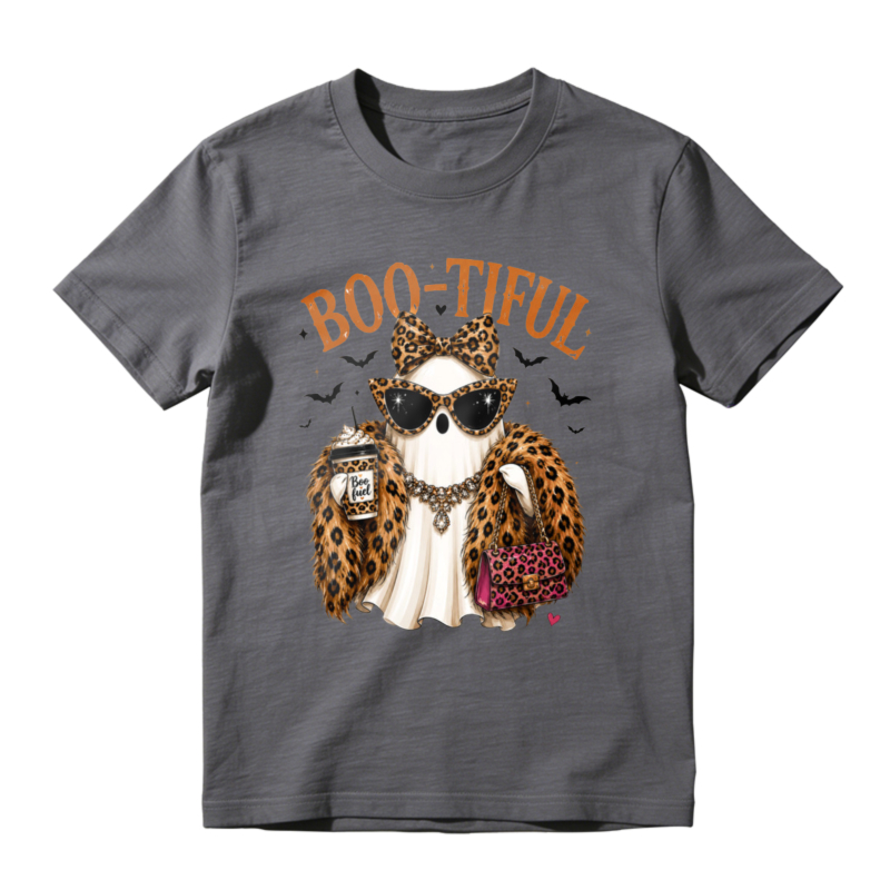 Boo Tiful Leopard Print Ghost With Sunglasses And Coffee Cup Halloween Graphic T-shirt