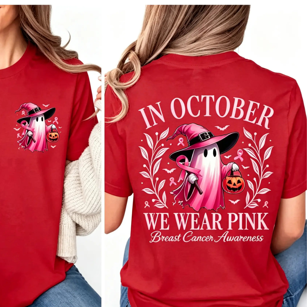 In October We Wear Pink Ghost Graphic T‑Shirt, Breast Cancer Awareness Tee