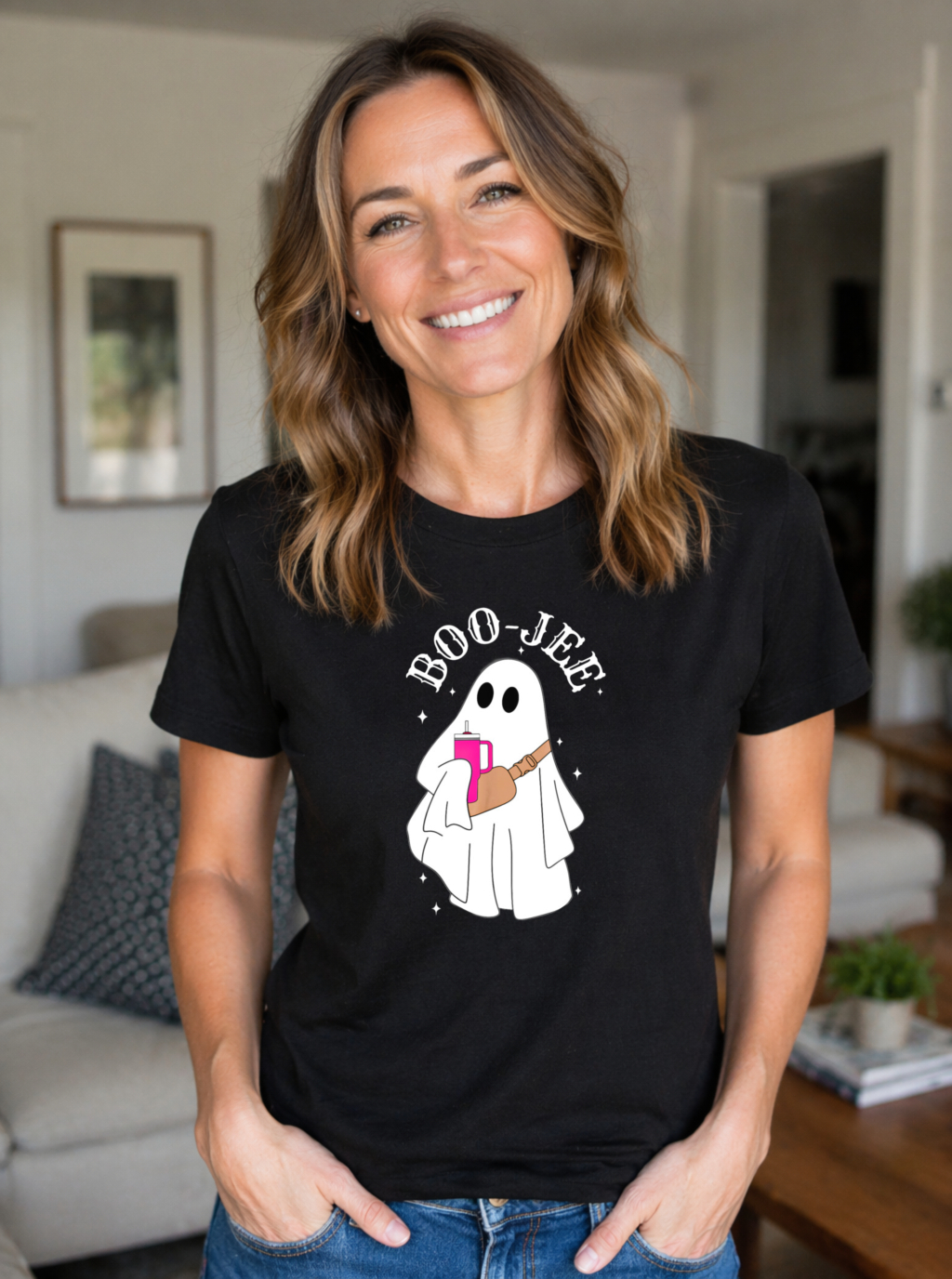 Cute Ghost Holding Pink Drink Boo Jee Funny Halloween T-shirt