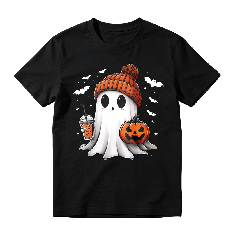 Cute Ghost Wearing Orange Beanie Holding Pumpkin And Drink Halloween T-shirt