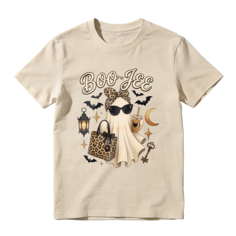Boo Jee Leopard Print Ghost With Sunglasses And Iced Coffee Halloween Graphic T-shirt