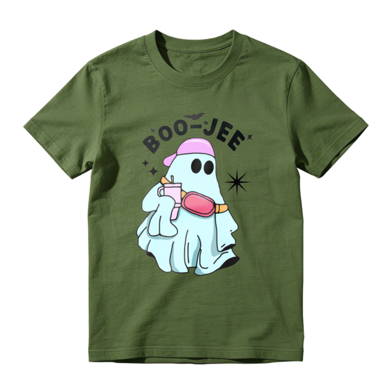 Cute Ghost Wearing Pink Hat And Fanny Pack Holding Drink Boo Jem Text Halloween Cartoon Graphic T-shirt