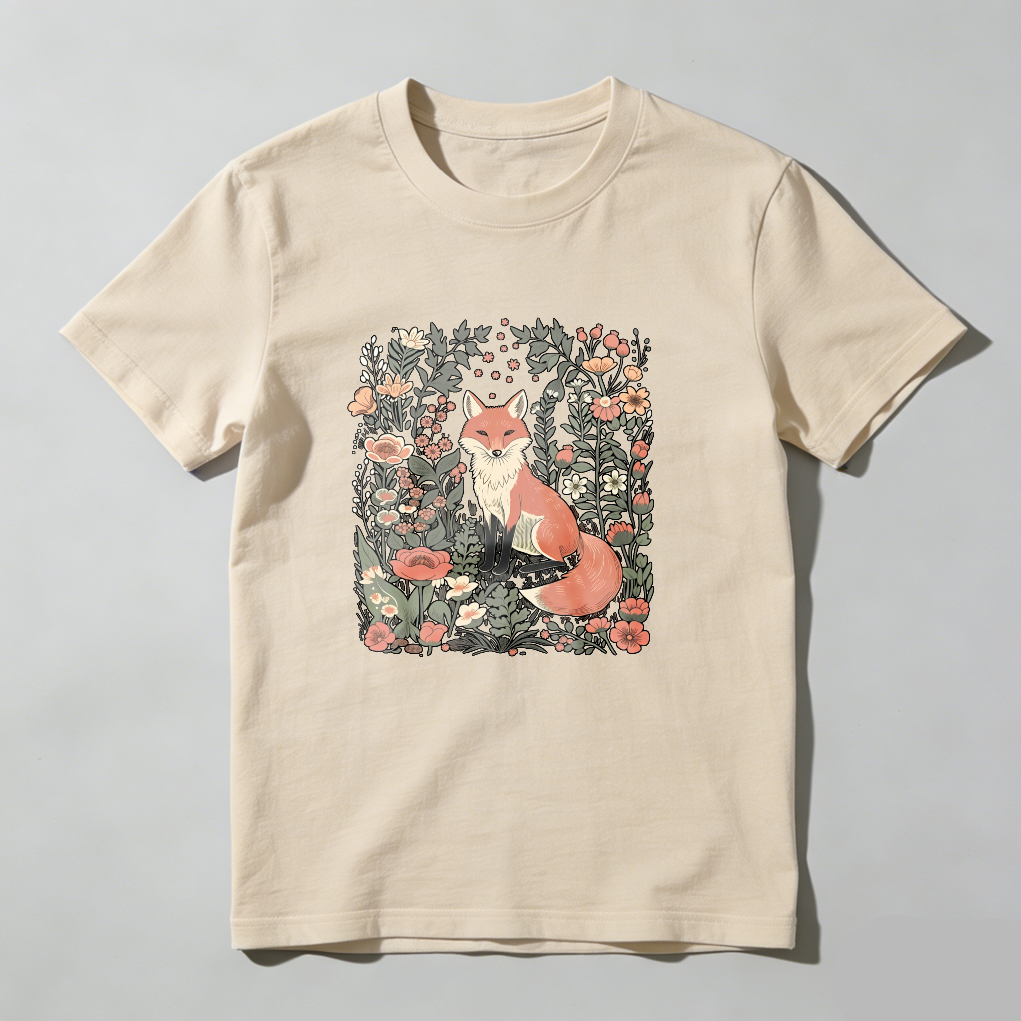 Fox Surrounded By Flowers And Leaves tshirt 100% cotton