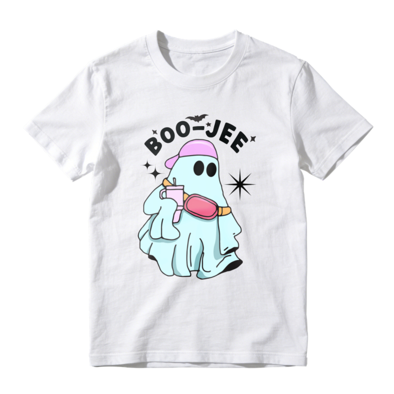 Cute Ghost Wearing Pink Hat And Fanny Pack Holding Drink Boo Jem Text Halloween Cartoon Graphic T-shirt