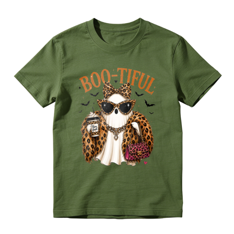 Boo Tiful Leopard Print Ghost With Sunglasses And Coffee Cup Halloween Graphic T-shirt