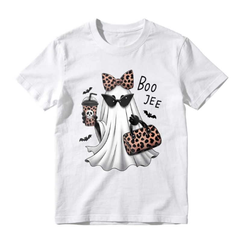 Leopard Print Ghost With Sunglasses Bow Tie Coffee Cup And Handbag Halloween Boo Tee T-shirt