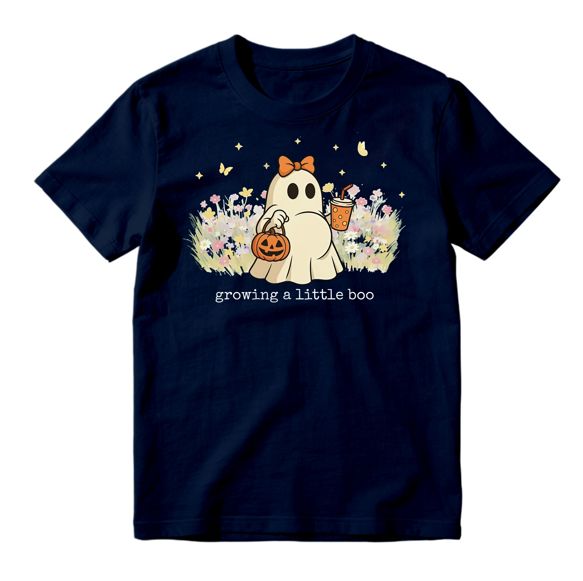 Growing A Little Boo Cute Ghost T Shirt Floral Halloween Pregnancy Graphic Tee