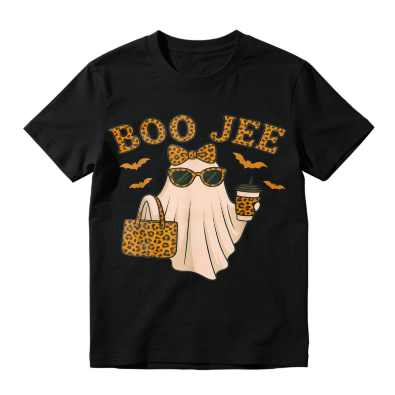 Boo Jee Leopard Print Ghost With Sunglasses And Coffee Cup Halloween T-shirt