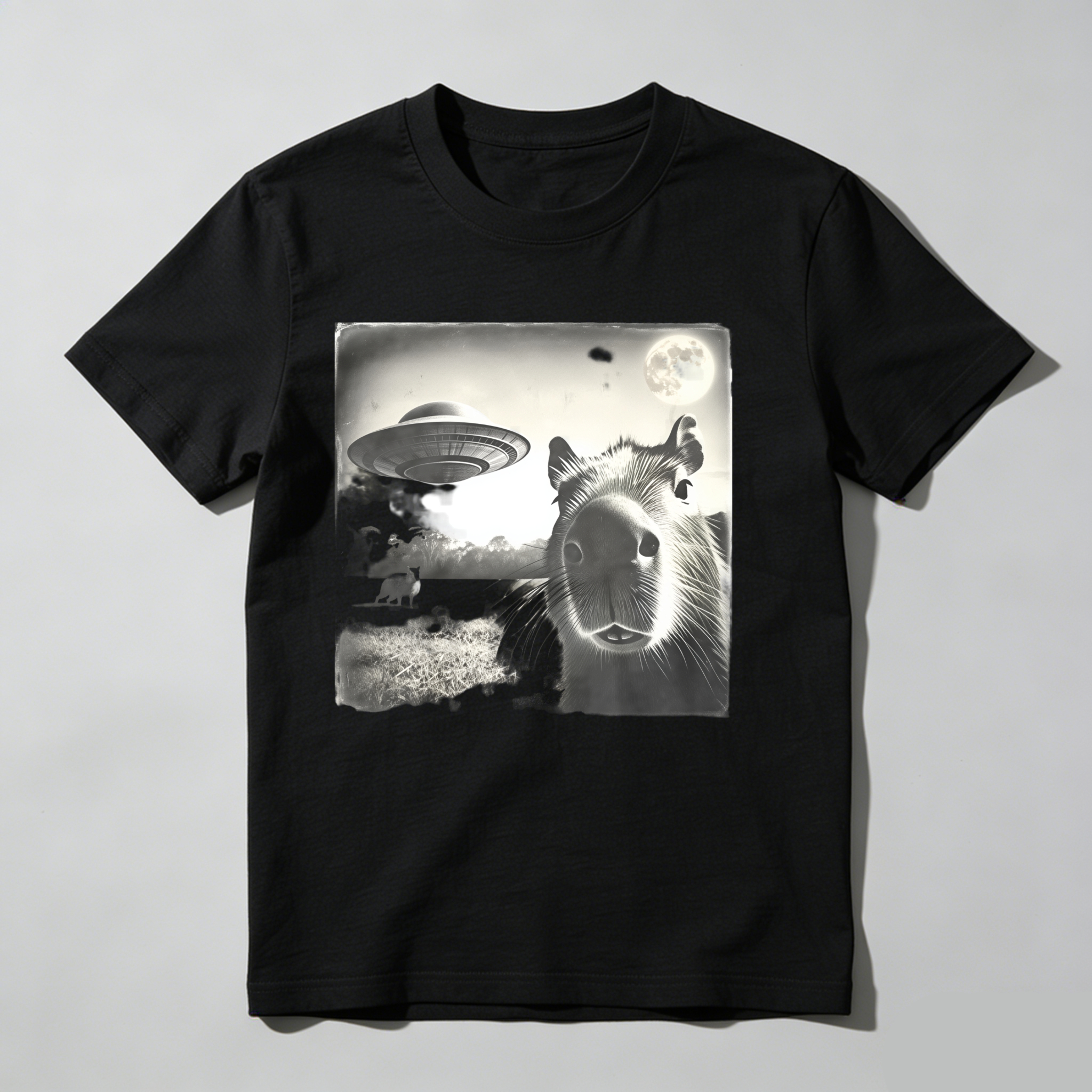 Capybara Ufo Moon Landscape Night Scene tshirt 100% cotton
