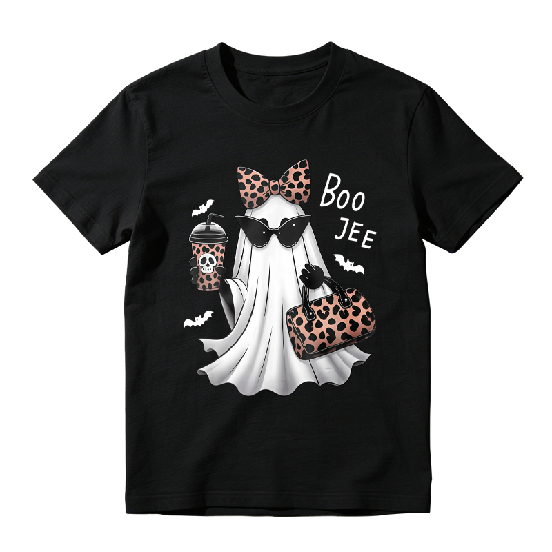 Leopard Print Ghost With Sunglasses Bow Tie Coffee Cup And Handbag Halloween Boo Tee T-shirt