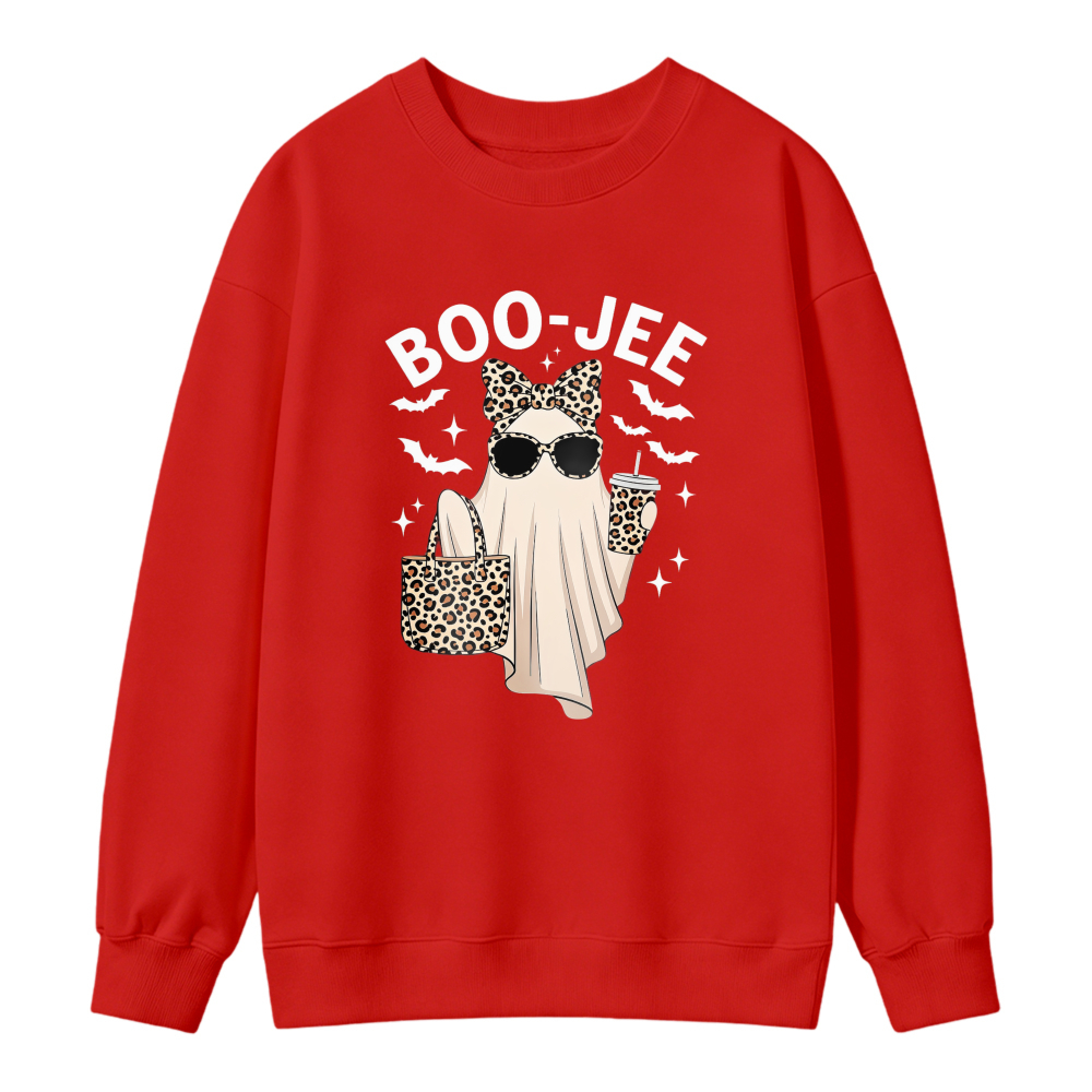 Boo Jee Funny Ghost With Leopard Print Bow Sunglasses And Coffee Cup Halloween Sweatshirt