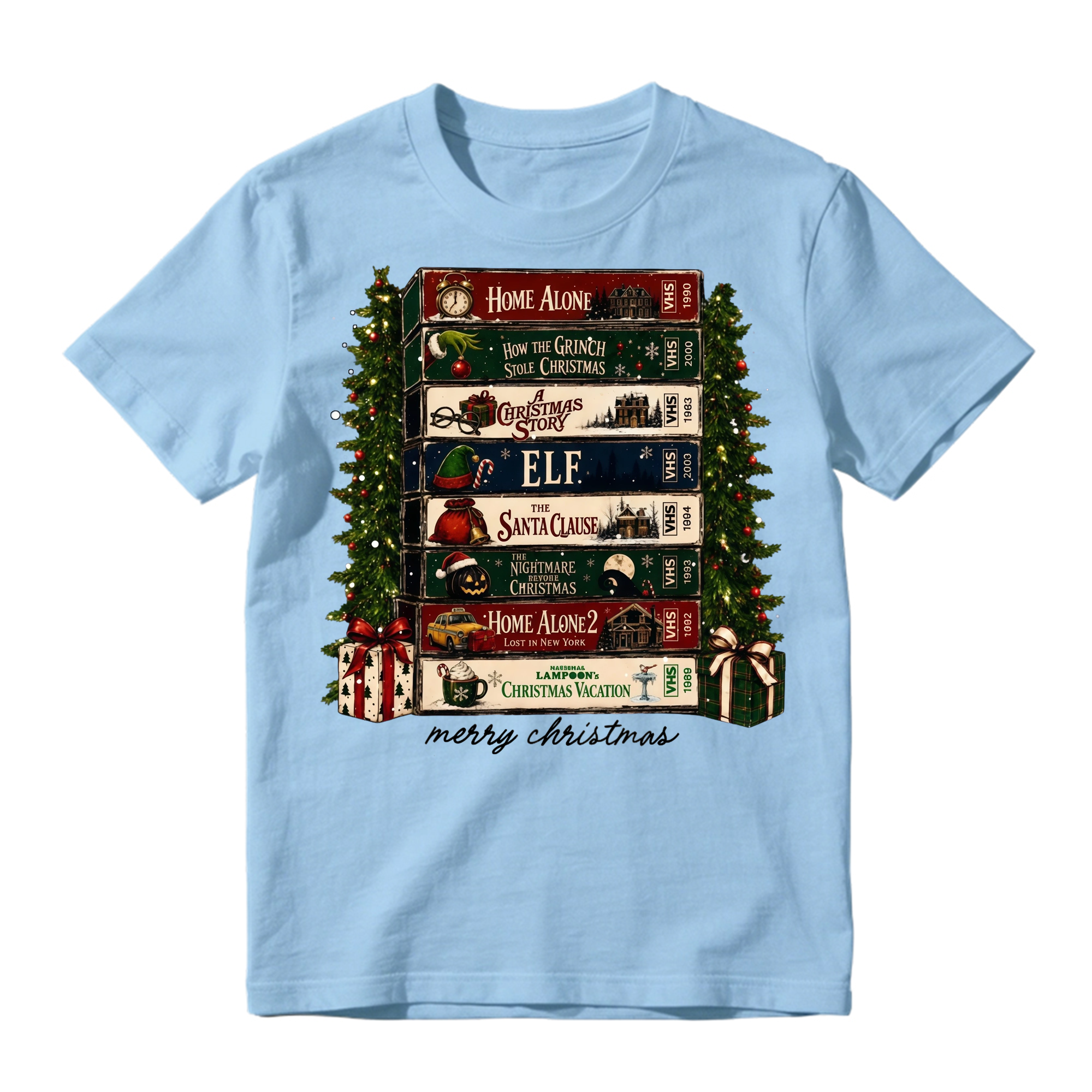 Vintage Christmas Retro Video Tape Stack T Shirt Merry Holiday Graphic Tee