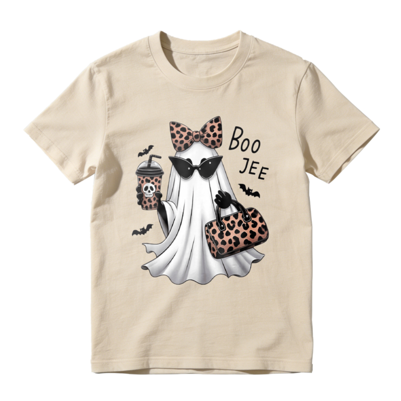 Leopard Print Ghost With Sunglasses Bow Tie Coffee Cup And Handbag Halloween Boo Tee T-shirt