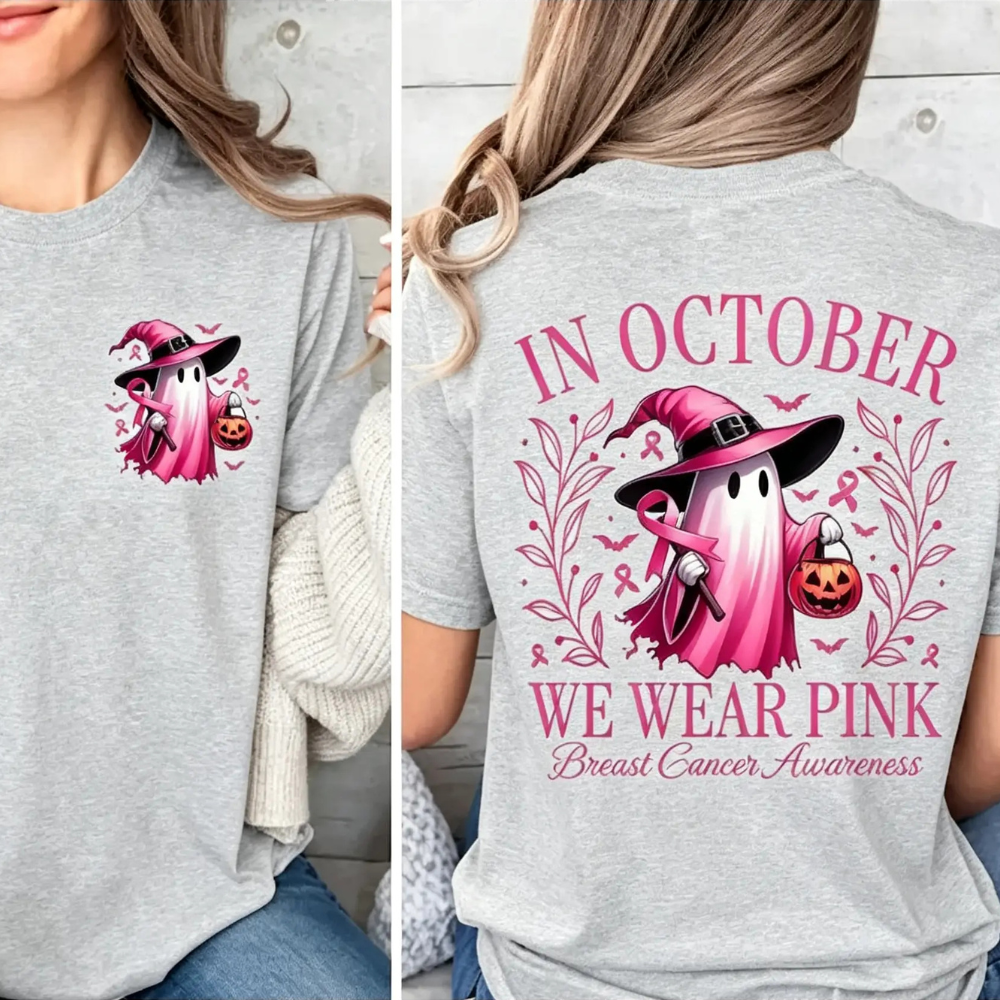 In October We Wear Pink Ghost Graphic T‑Shirt, Breast Cancer Awareness Tee