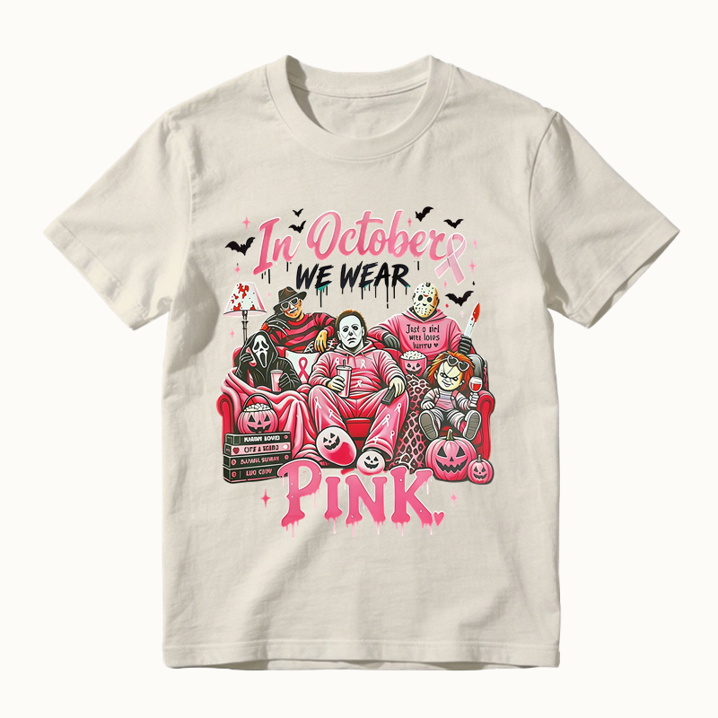 In October We Wear Pink Horror Movie Characters Print Breast Cancer Awareness Graphic T-Shirt