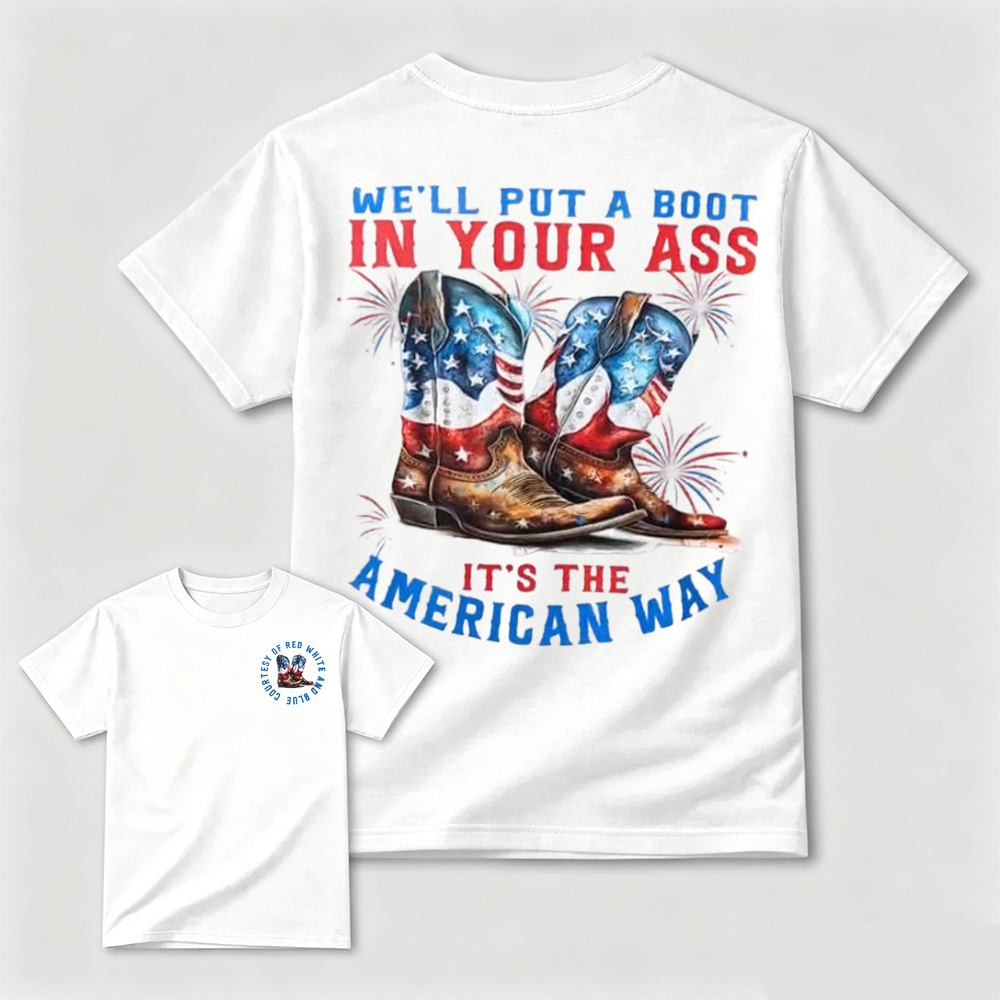 Watercolor American Flag Cowboy Boots Fireworks Patriotic Graphic T-Shirt