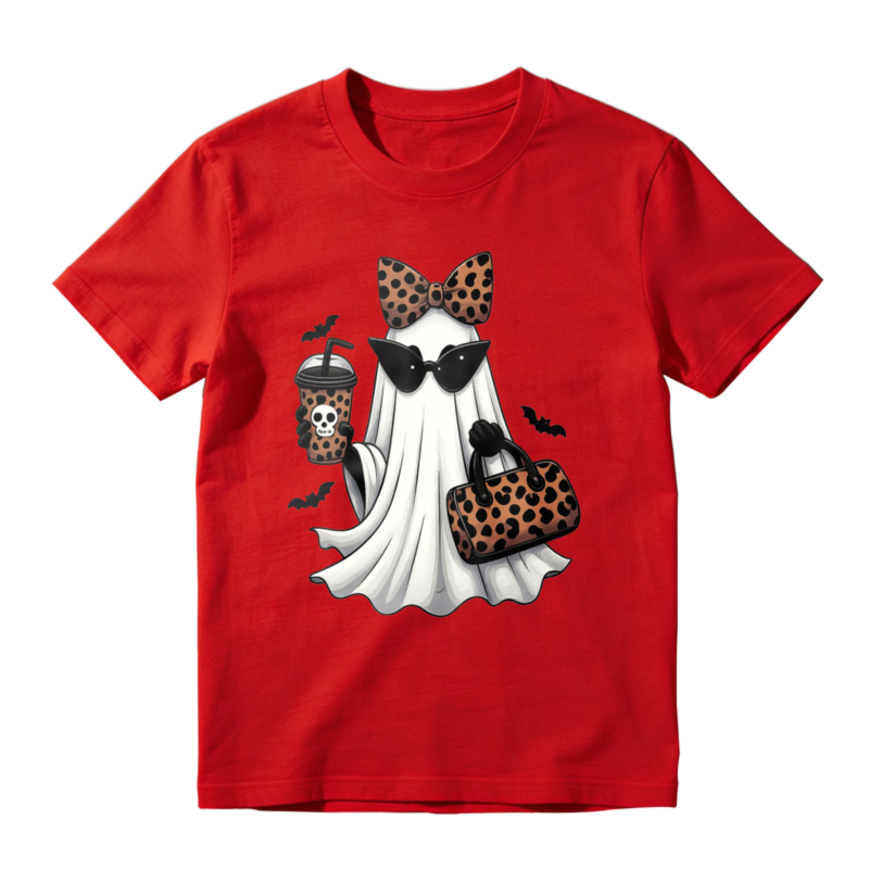 Leopard Print Ghost With Sunglasses Bow And Coffee Cup Halloween T-shirt