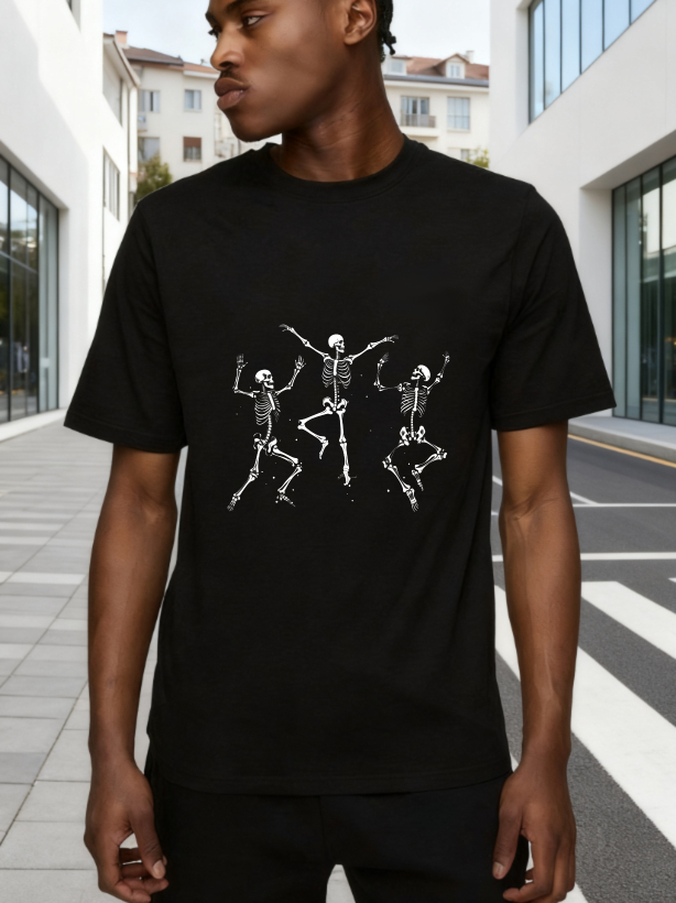 Three Dancing Skeletons On Black Shirt tshirt 100% cotton
